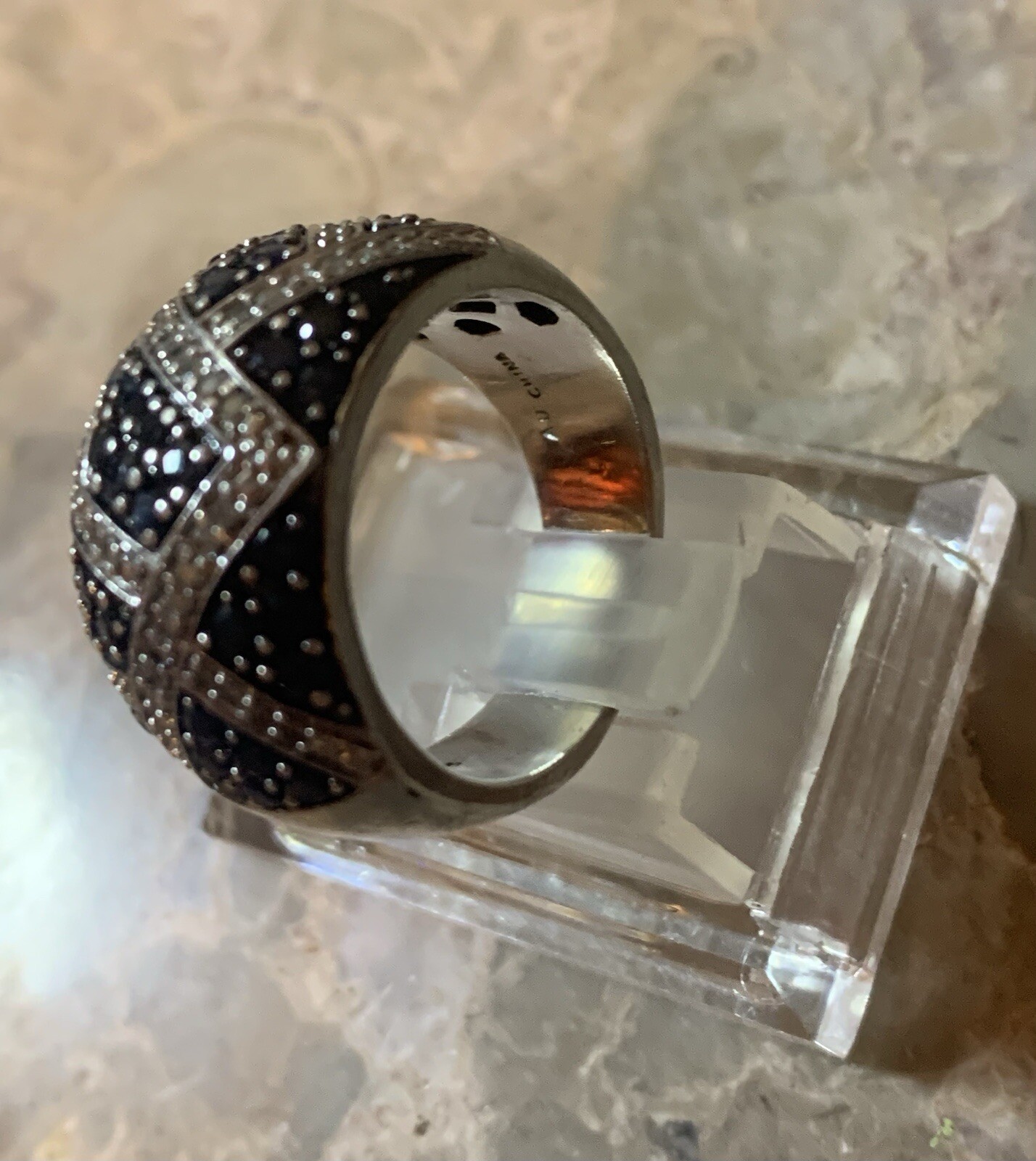 Sterling Silver Diamond & Sapphire Domed Wide Band Ring , Sz 7, 11.3 g.