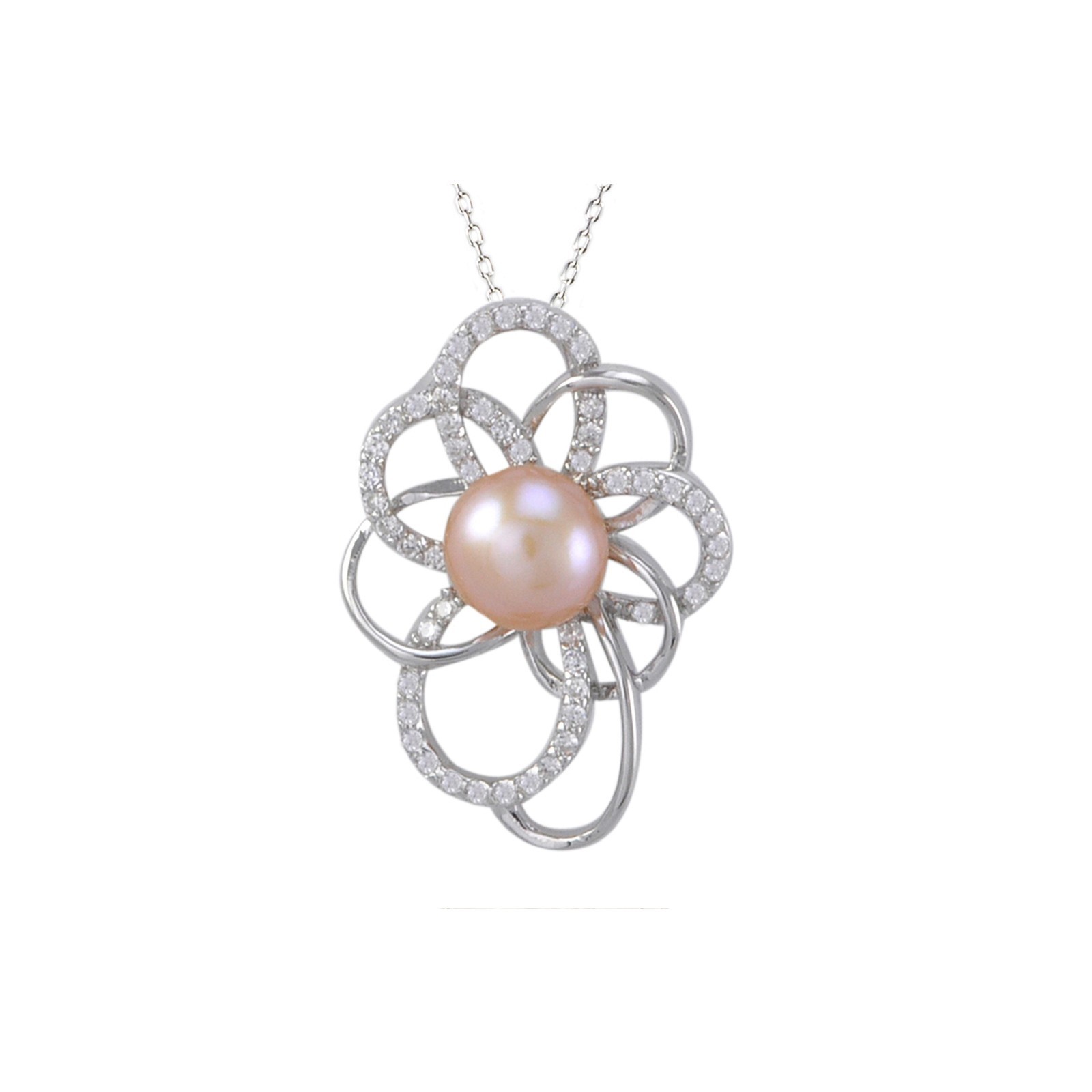 Pink Pearl Flower Necklace Large White CZ Petals .925 Sterling Silver, 18″ Chain