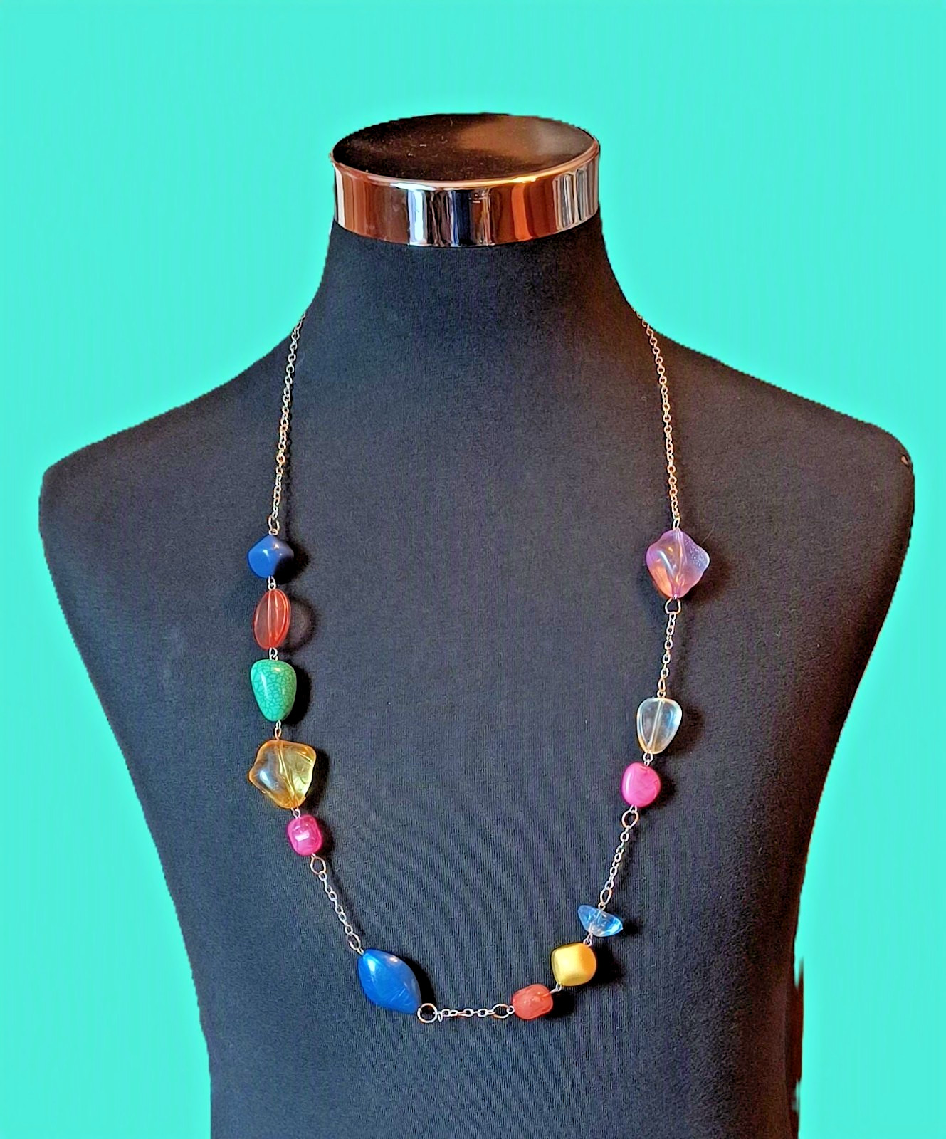 Multicolor Acrylic Beaded Statement Necklace Silvertone Chain