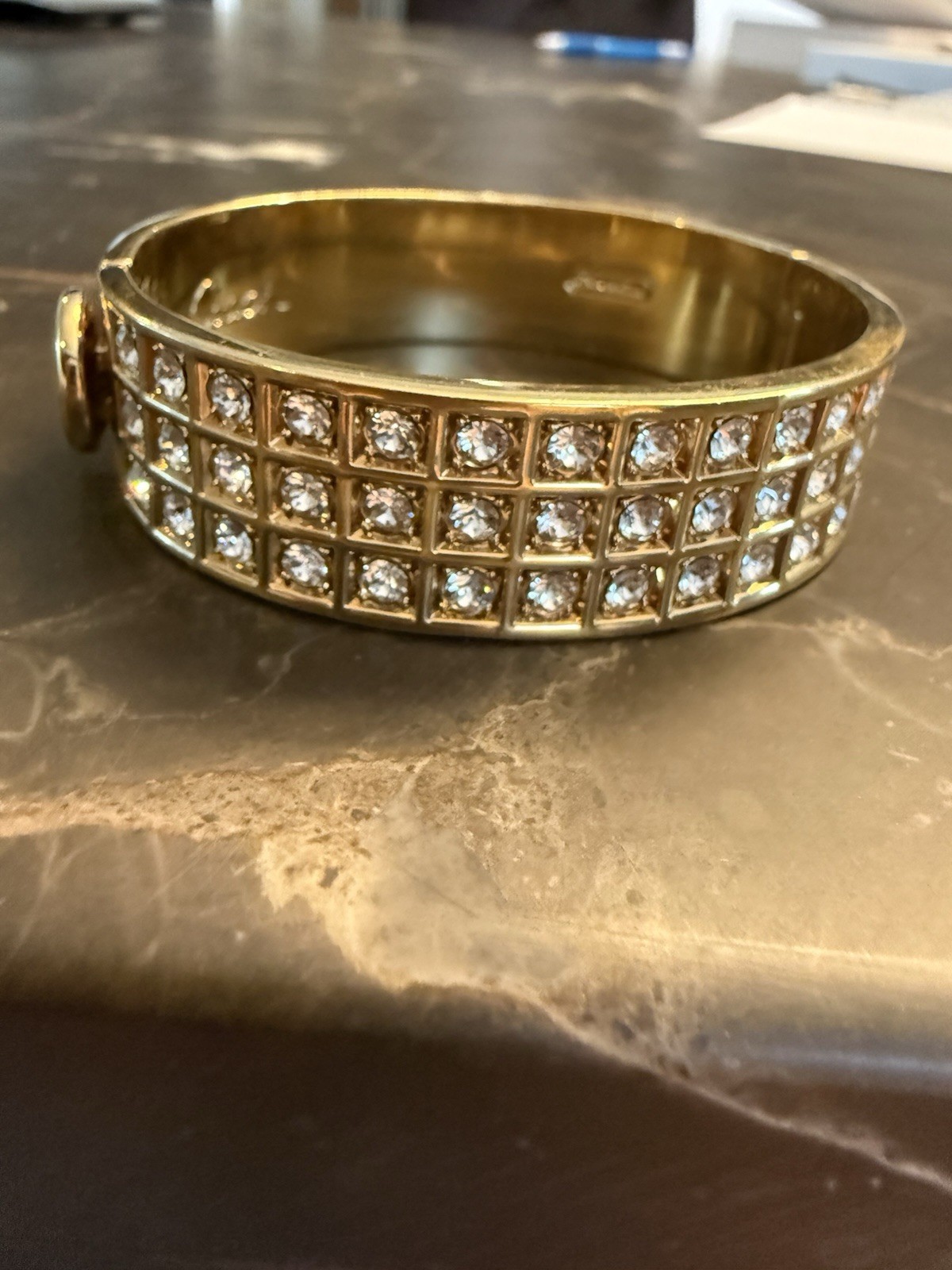 Coach Signed Gold-Tone Hinged Bangle Bracelet Pavé Crystal Accents