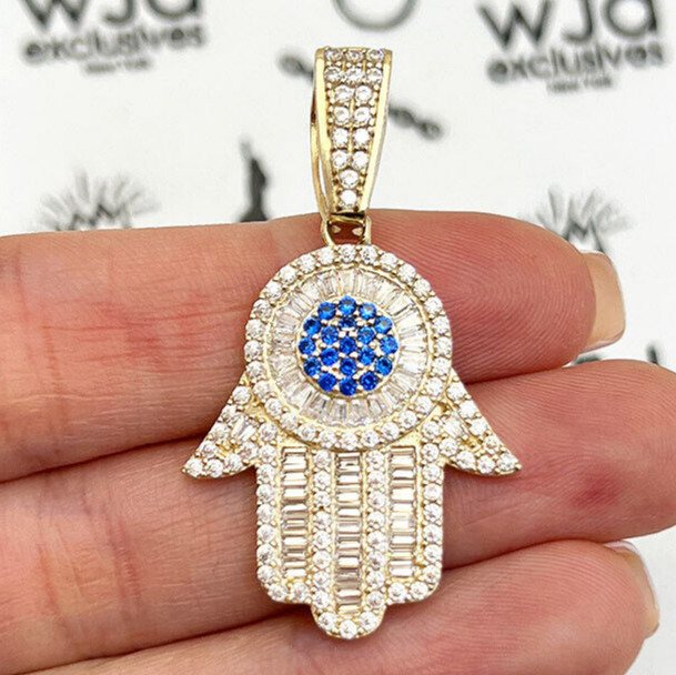 14K Yellow Gold Simulated Baguette Diamond Sapphire Hamsa Charm Pendant 1.6″