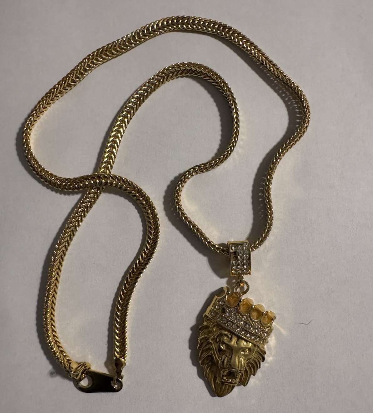 Gold Plated Cuban Link Chain Necklace Lion Head Crown Charm Pavé Rhinestone