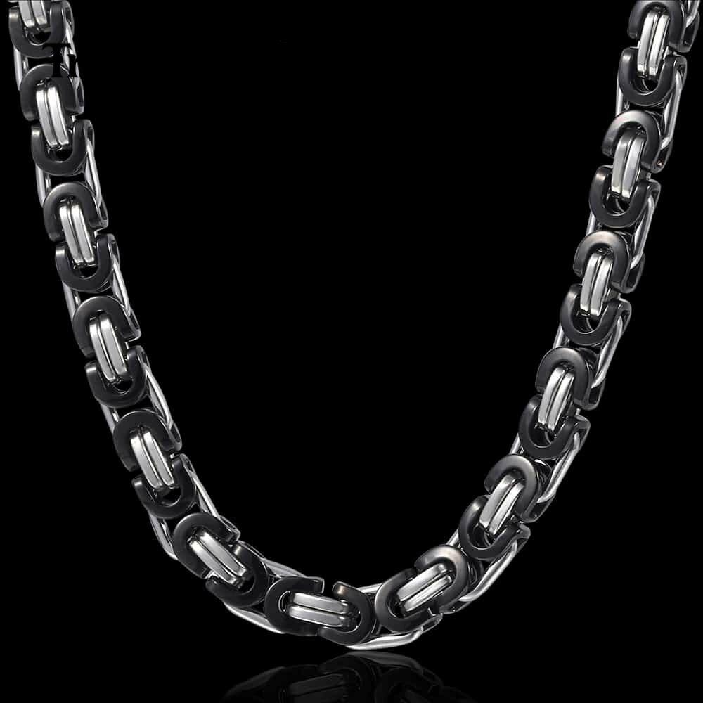 7MM 18-30″ Black Silver Tone Flat Byzantine Mens Chain Stainless Steel Necklace