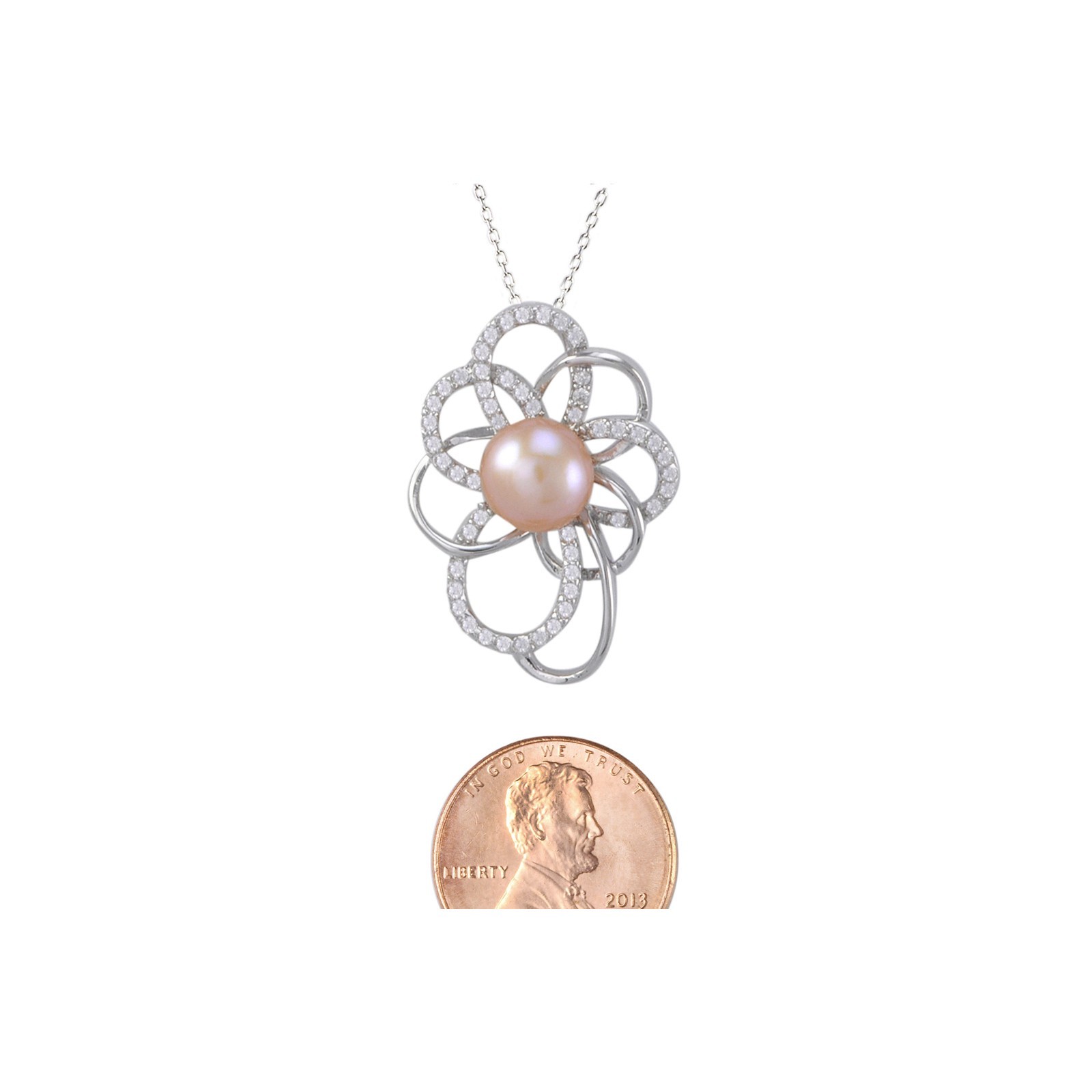 Pink Pearl Flower Necklace Large White CZ Petals .925 Sterling Silver, 18″ Chain