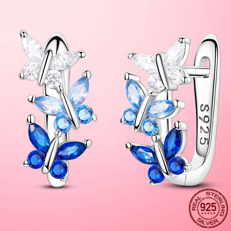 LAZA Original Dancing Blue CZ Butterfly 925 Silver Hoop Earrings Women Jewelry