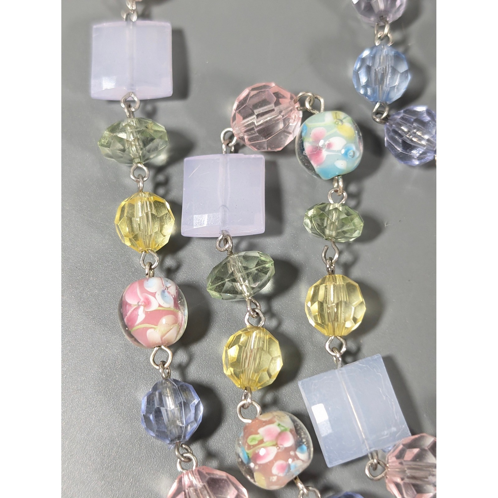 Pastel Lampwork Glass Bead Long Necklace Acrylic Blue Pink Green Yellow 28 Inch