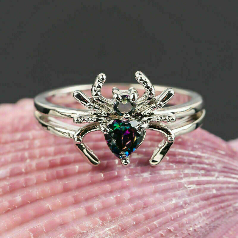 925 Sterling Silver Rainbow Mystical Topaz Spider Wedding Engagement Ring Size 9