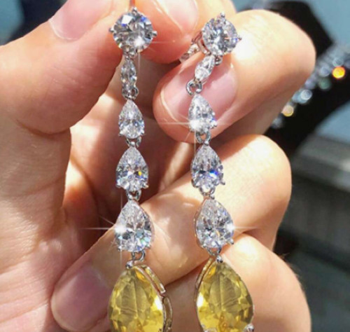 Long Yellow Oblong Rhinestone Earrings Clear Crystal Prom Pageant 2.5 ” Drop