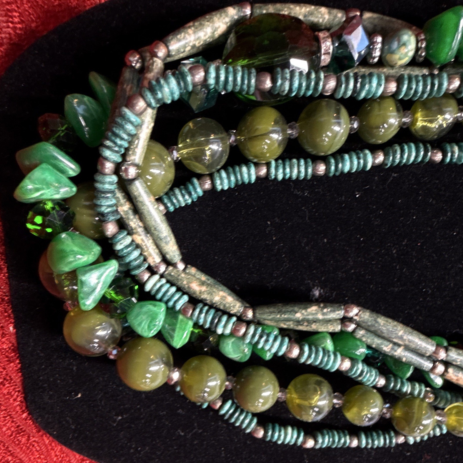 Green Multi-Strand Beaded Necklace Silver Tone Cross Charm, Adjustable Lobster
