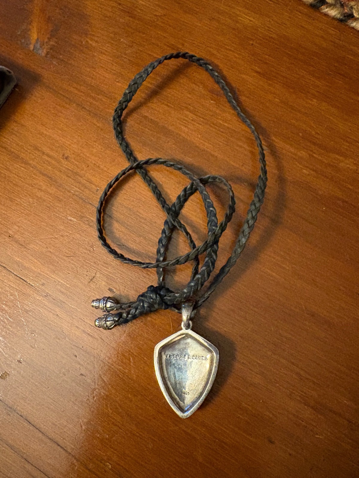 Chrome Hearts Fleur De Lis Pendant 925 Silver braided black leather w/925 caps