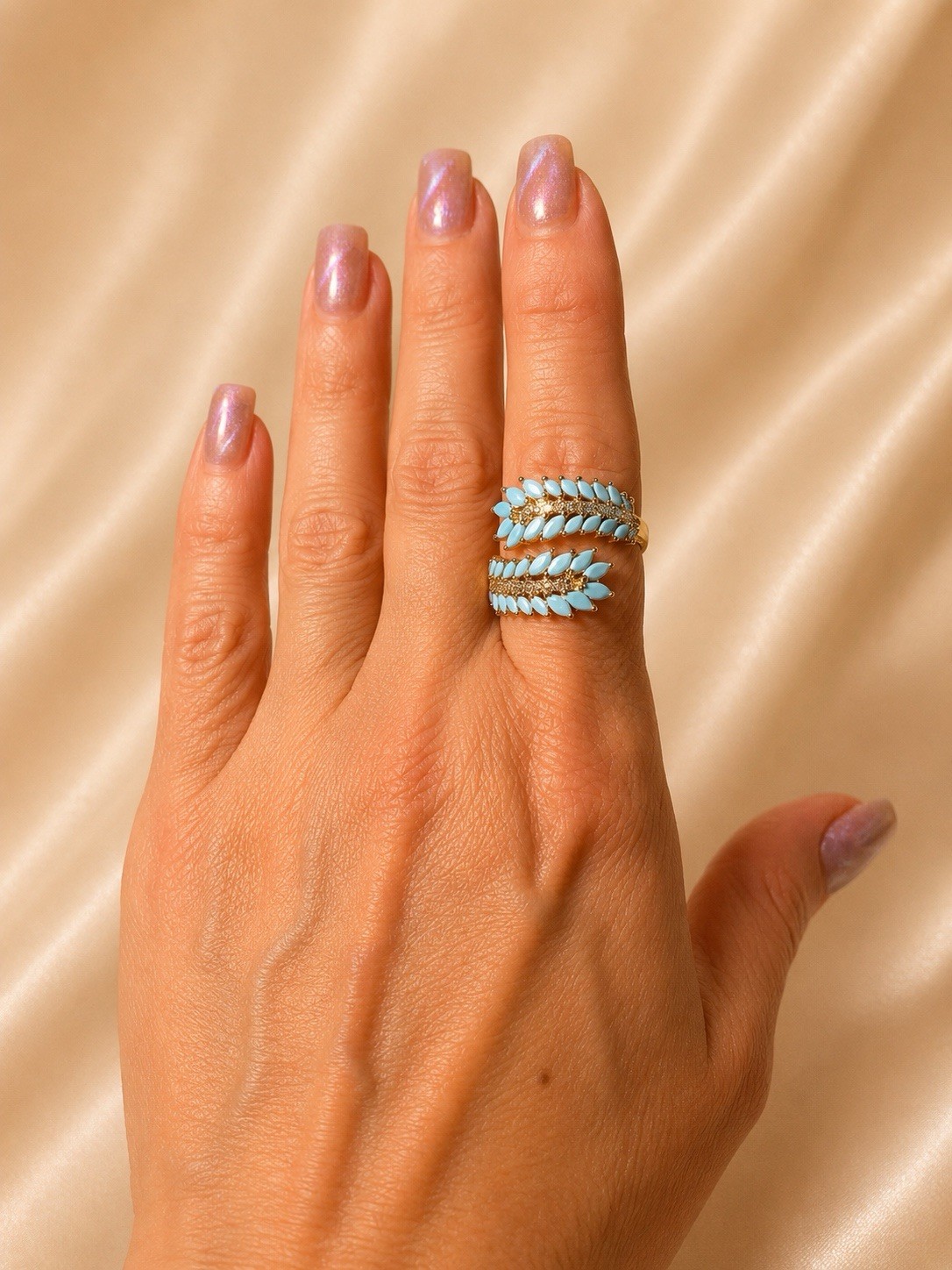 Gold Tone Turquoise CZ Wrap Statement Ring Adjustable Size 7+