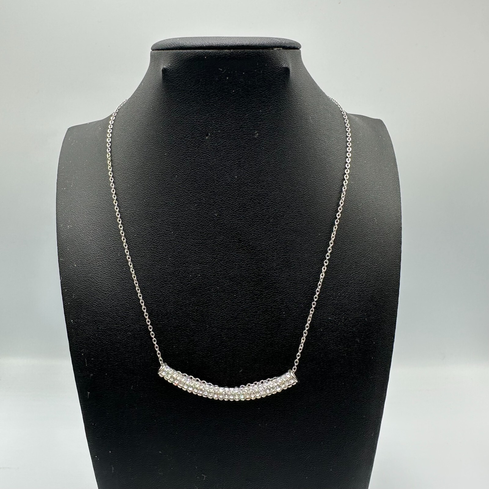 Rhinestone Bar Necklace Women Silver Tone Dainty Thin Chain Lightweight 14 Inch