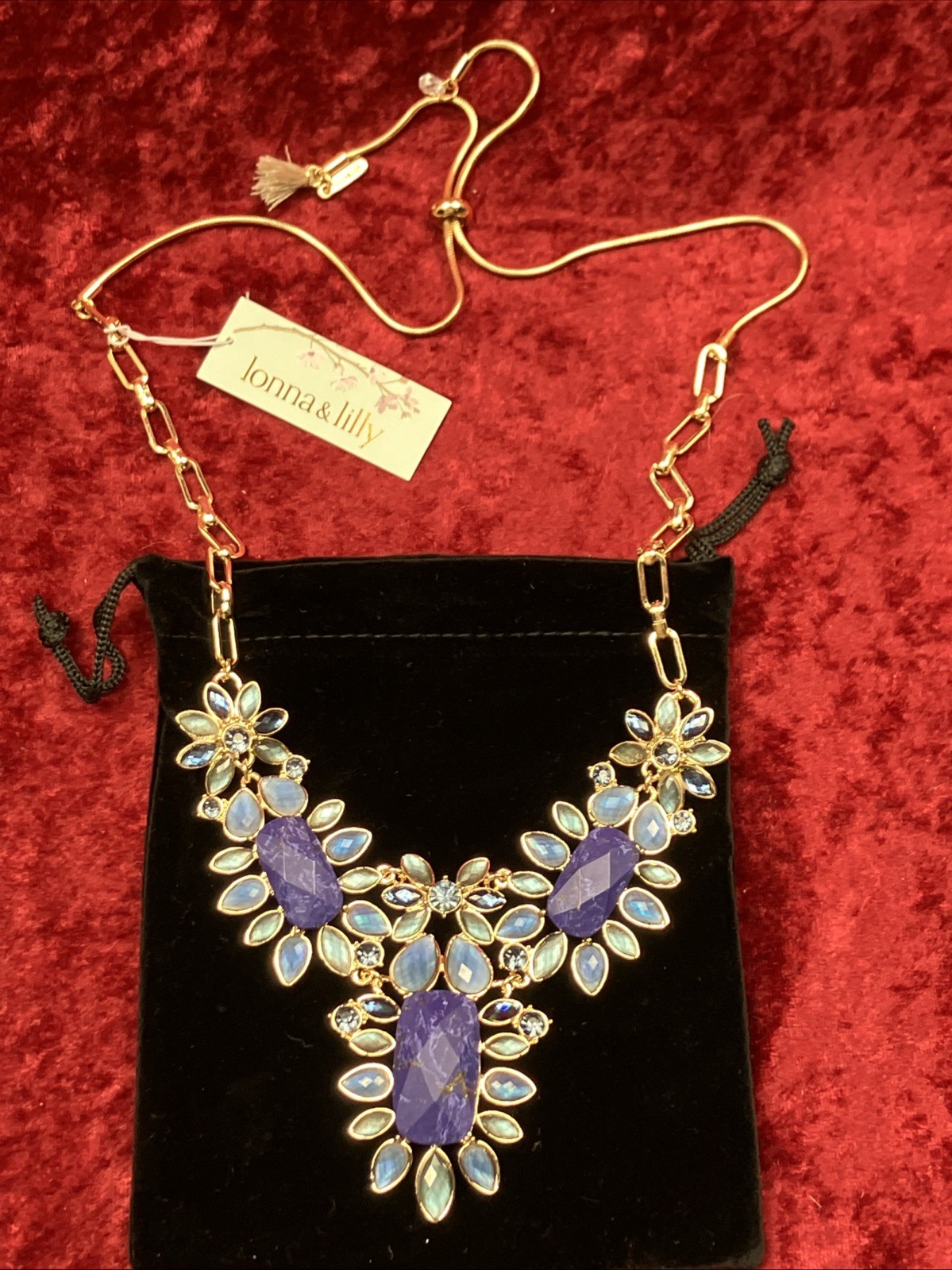 Lonna & Lilly Gold Tone Blue Stone Cluster Frontal Necklace NWT RP $78