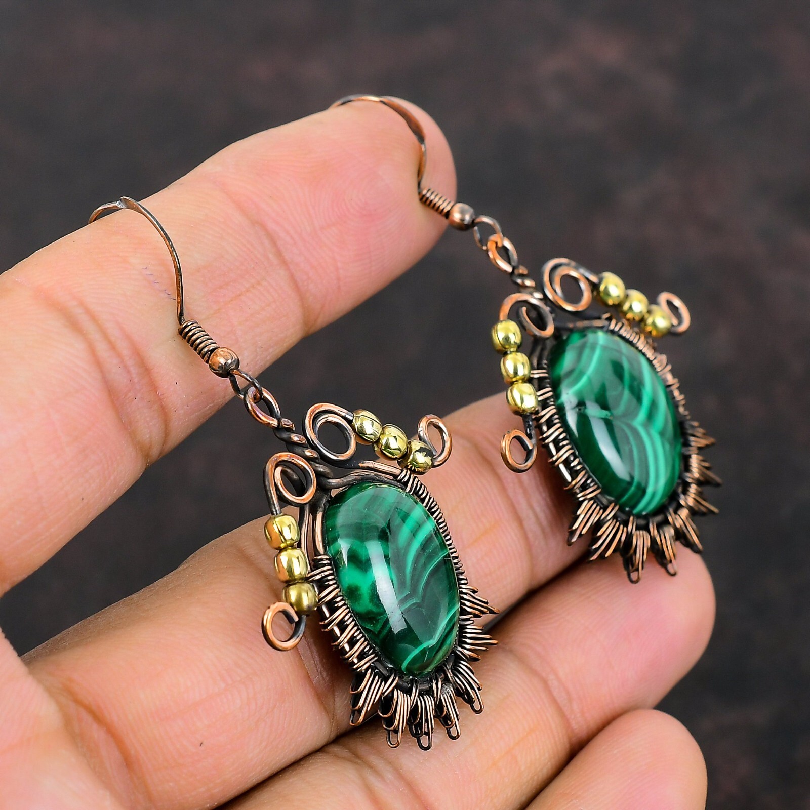 Malachite Wire Wrapped Drop/Dangle Earrings Copper Jewelry For Women 2.24″