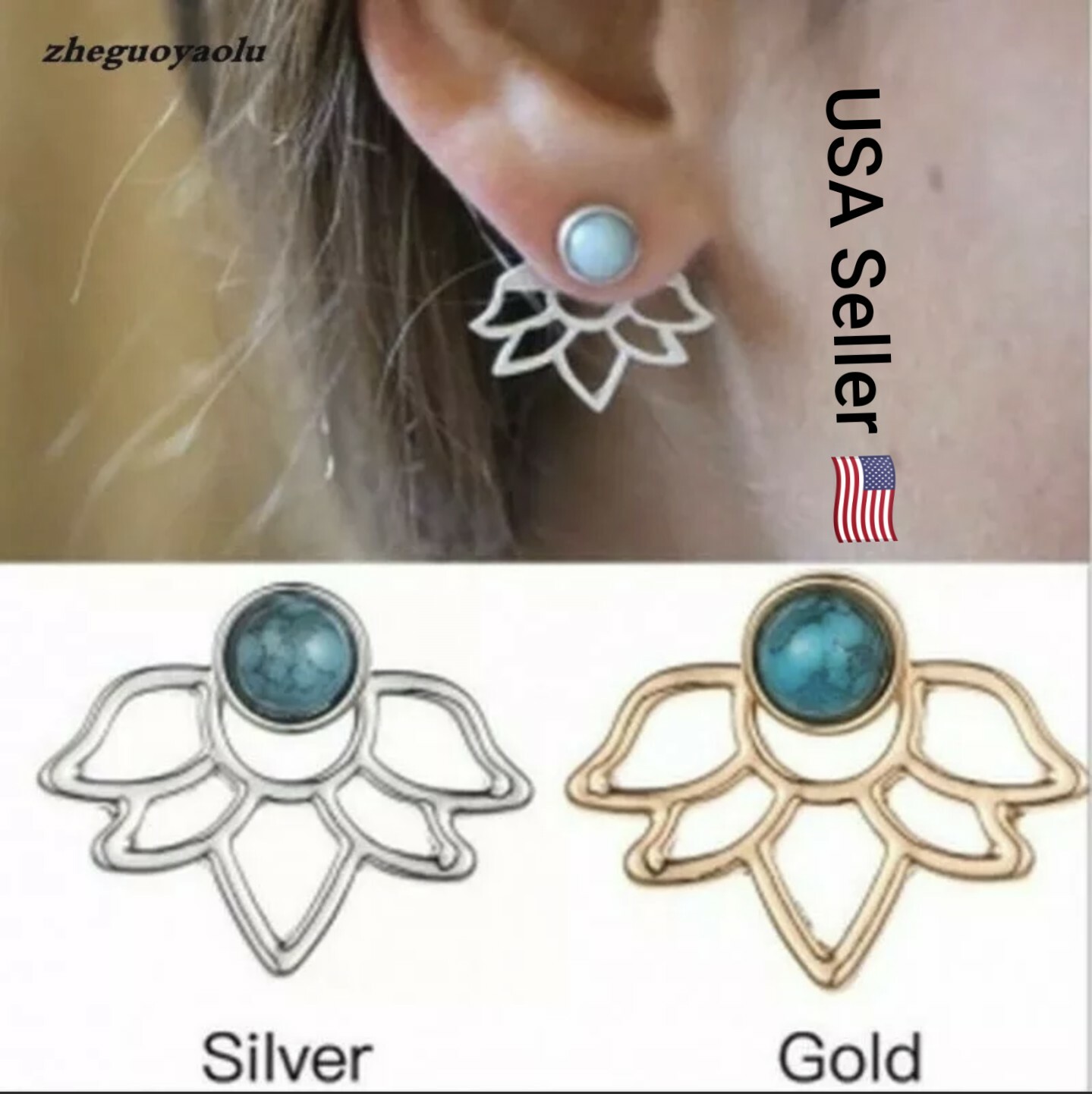 New Personality Unique Retro Green Stone Lotus Petal Hollow Leaf Earrings Boucle