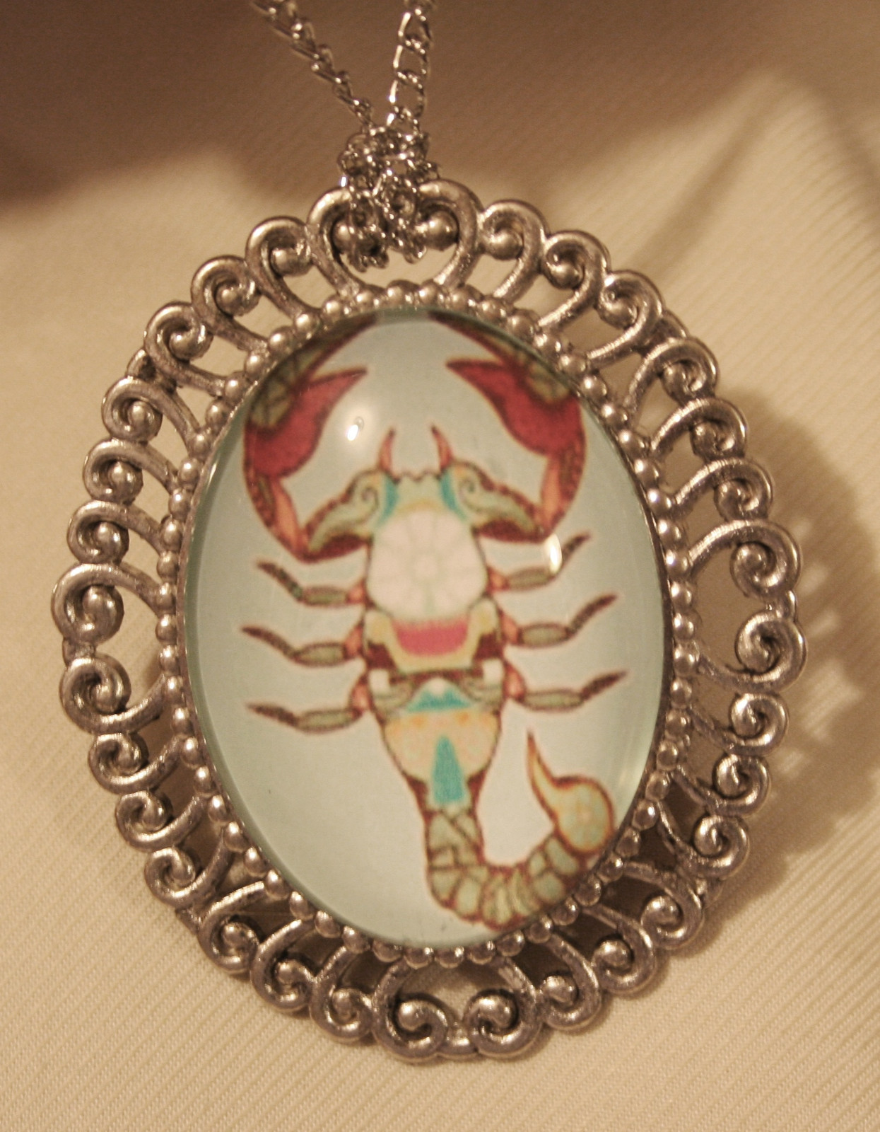 Lovely Swirl Rim Silvertone Scorpio Scorpion Zodiac Symbol Necklace Brooch Pin