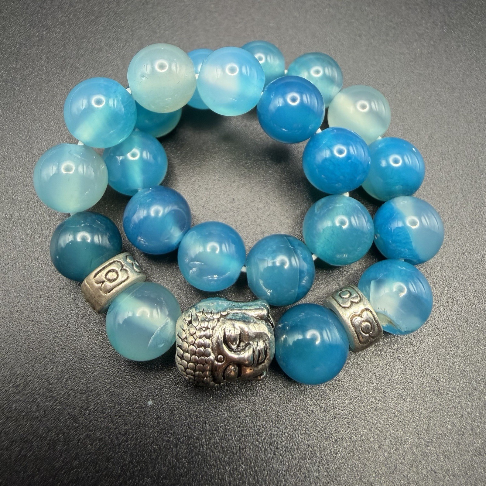 Blue Beads 8mm Stone Metal Buddha Charm Bracelet New
