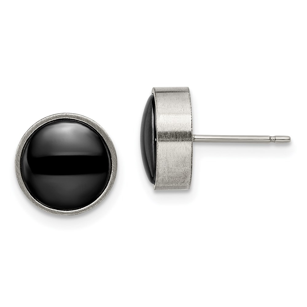 Chisel Women’s Earrings Titanium Brushed with Black Ceramic Circle Button