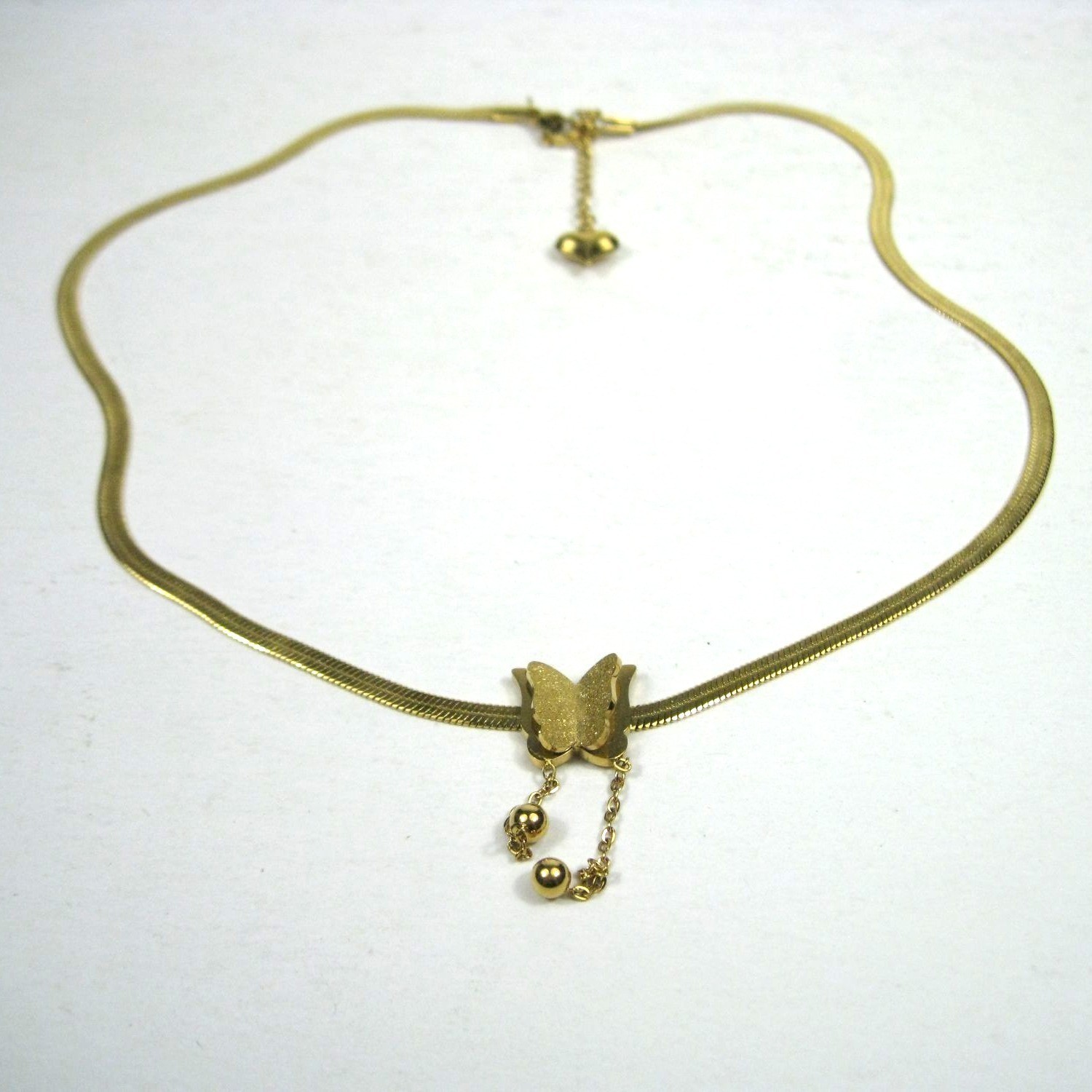 Gold Tone Butterfly Pendant Chain Necklace 16 in Adjustable Choker Collar Sleek