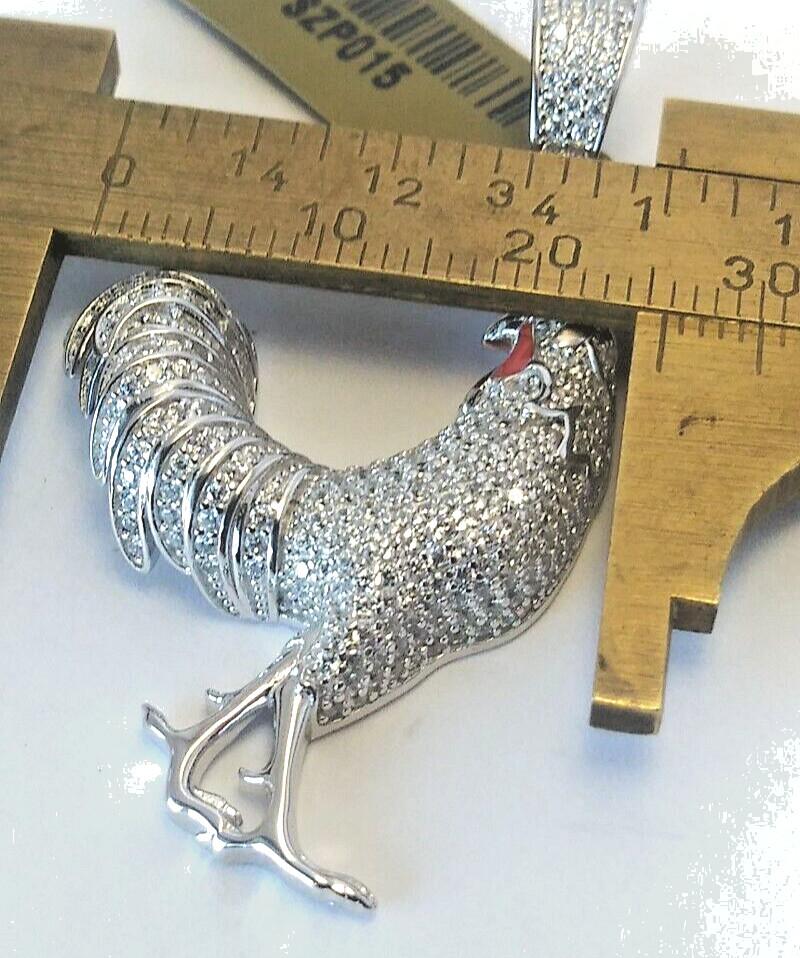 925 Sterling Silver Pendant LARGE Iced ROOSTER CHICKEN cubic zirconia CZ 48X26MM