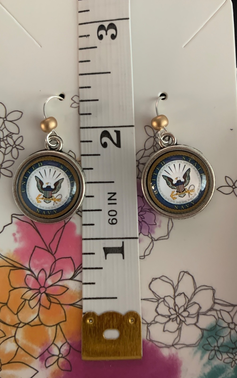 Army insignia emble dangle silver-tone earrings accented with brush gold beads