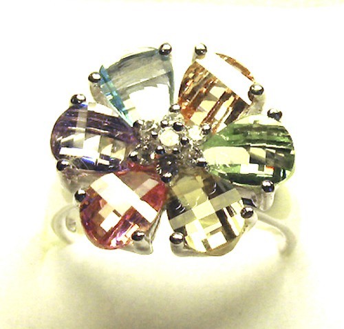 Multi-Color Faceted Flower Ring in Silver 5, 6, 7, 8, 9