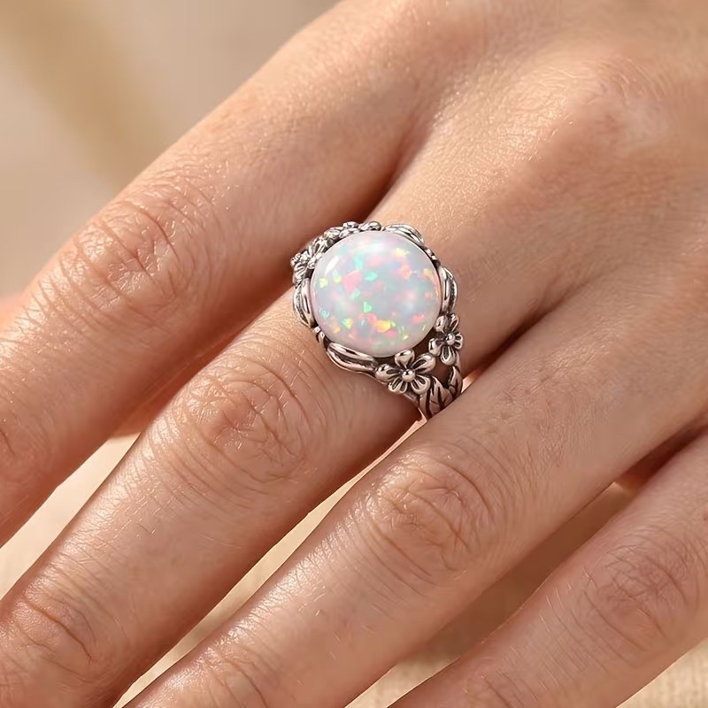 Elegant 925 Sterling Silver Fire Rainbow Opal Engagement Wedding Ring Size 10.5