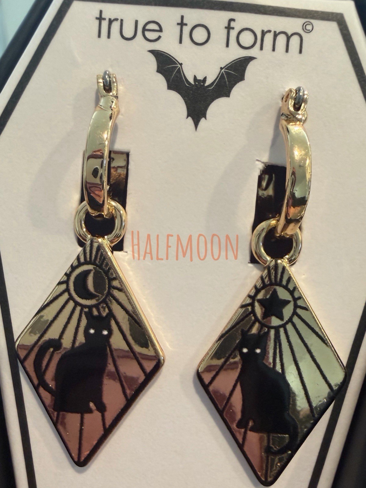 True to Form Black Cat Moon Star Halloween Dangle Hoop Earrings Nickel Free