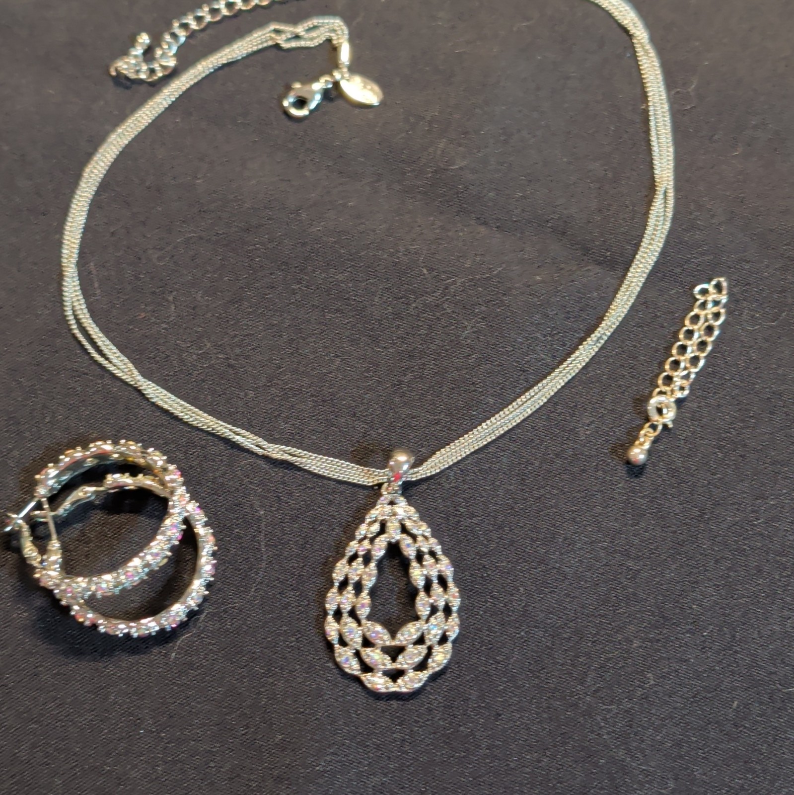 Lia Sophia Signed Silver Tone Crystal Pendant Necklace & Hoop Earrings