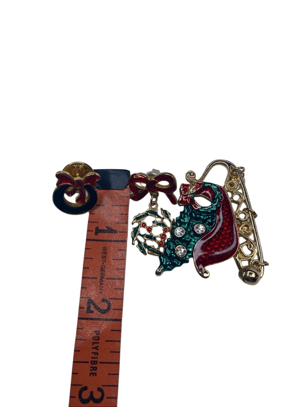 Christmas Sleigh Pin Wreath Pin and Holly Wreath Dangle Earrings Festive Jewelry
