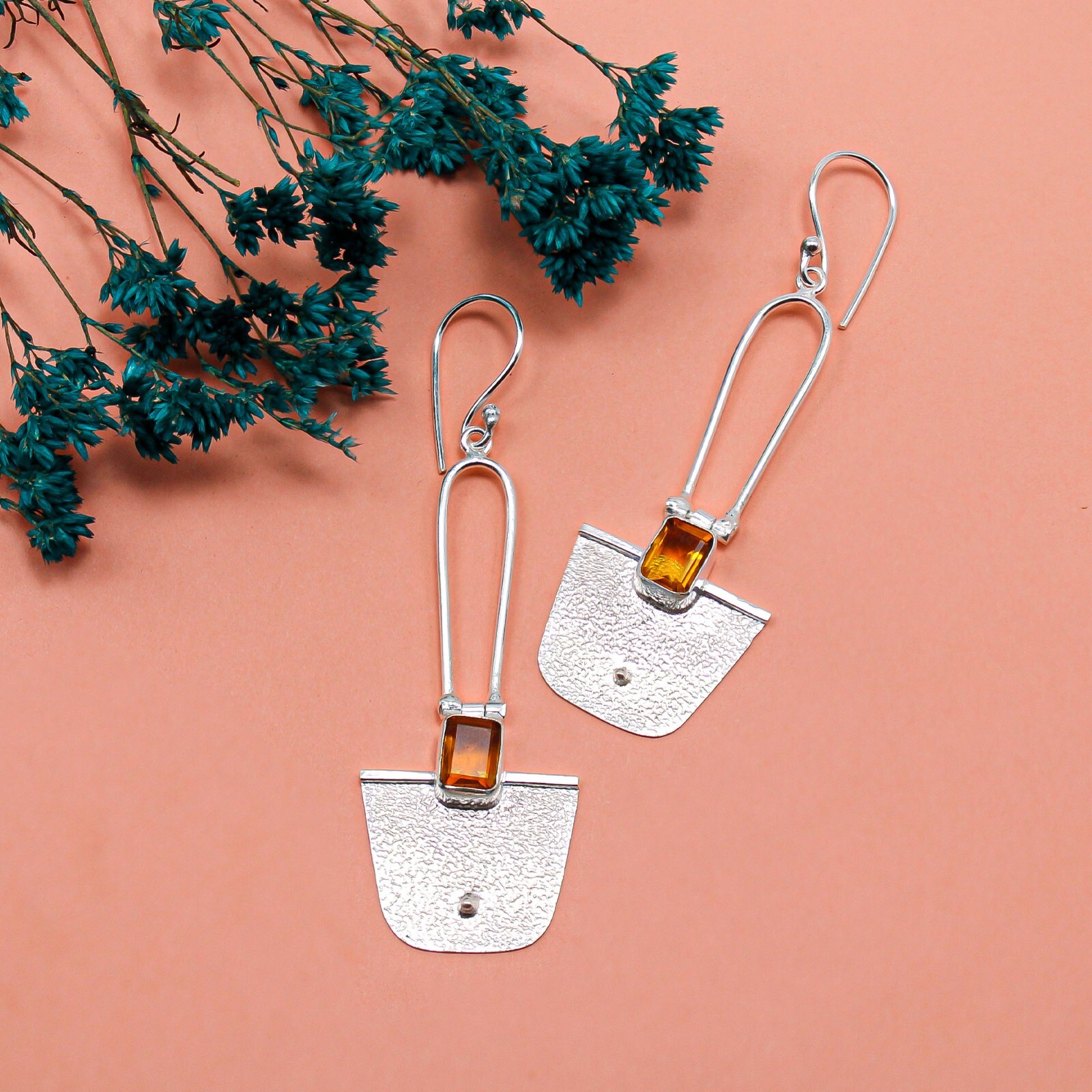 Citrine Gemstone 925Sterling Silver Jewelry Handmade Earrings 2.2″ Birthday Gift
