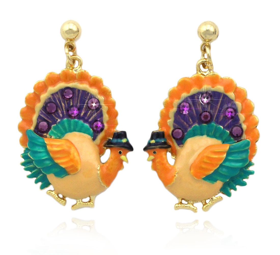 Turkey Dangle Charm Post Earrings Thanksgiving Woman Jewelry Purple Rhinestone