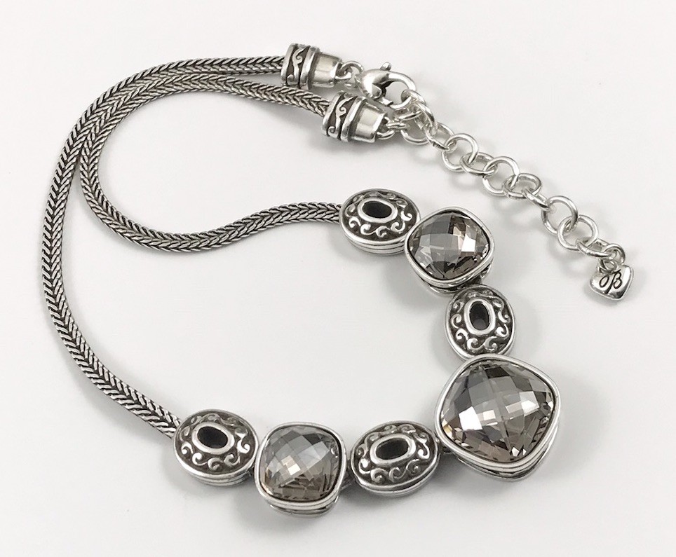 Brighton Venus Rising Silver Smokey Crystals Flat Chain Necklace 17 In. #405