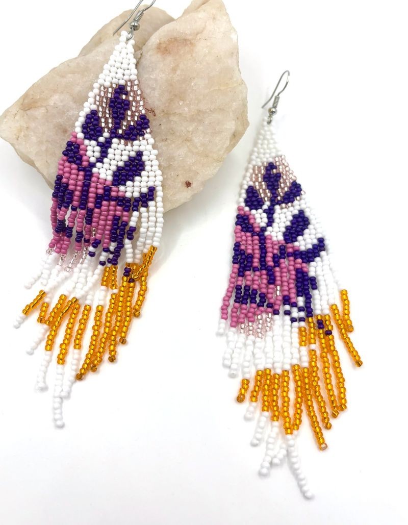 5″ Mauve Multicolor Abstract Botanical Plant Hand Beaded Tassel Earrings New