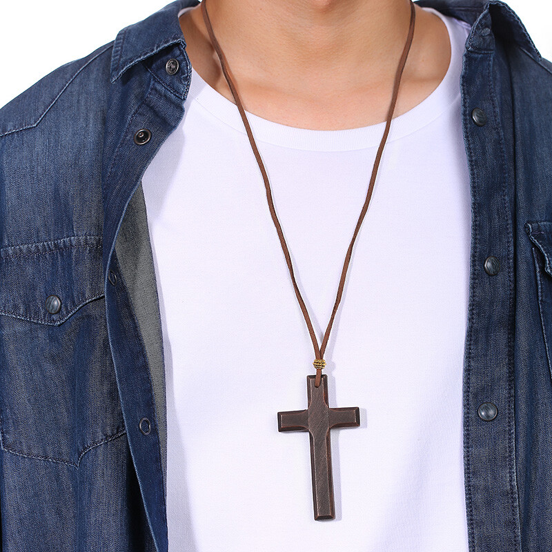 Retro Wood Cross Crucifix Leather Cord Pendant Men Women Necklace Sweather Chain