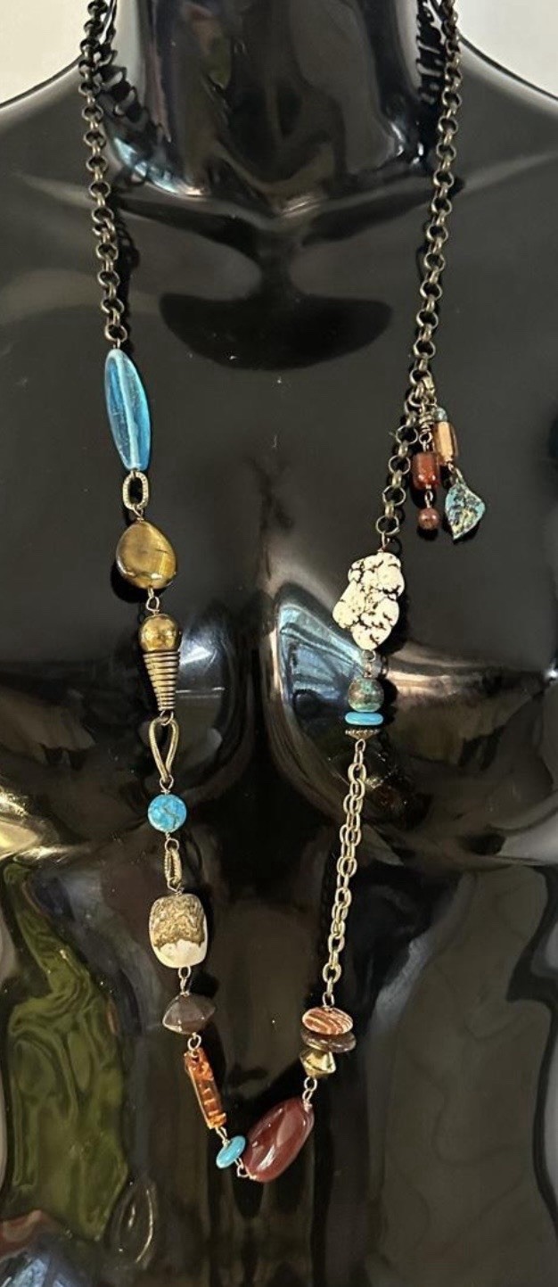 Boho Multicolor Gemstone Beaded Necklace Oval Link Chain Asymmetrical Pendant