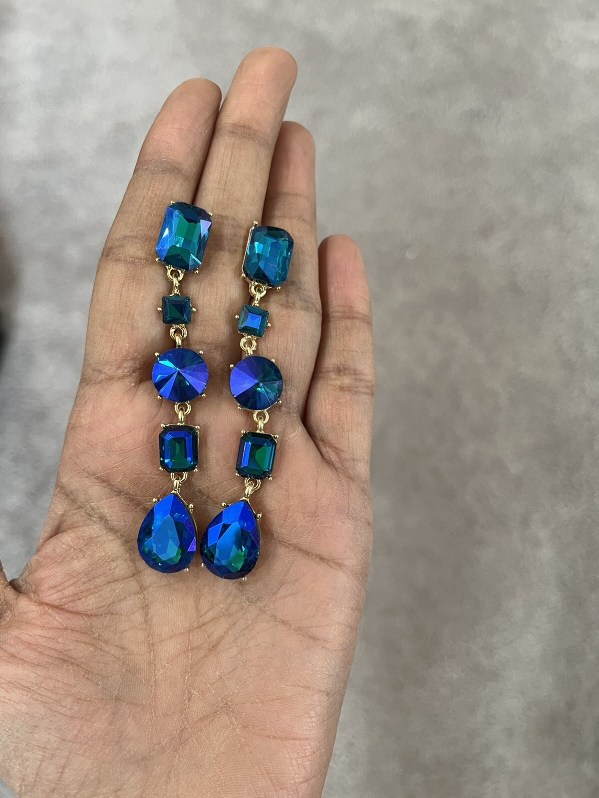 Blue Ab Earrings Green Blue Long Royal Drop Dangle Rhinestone Crystal Pageant