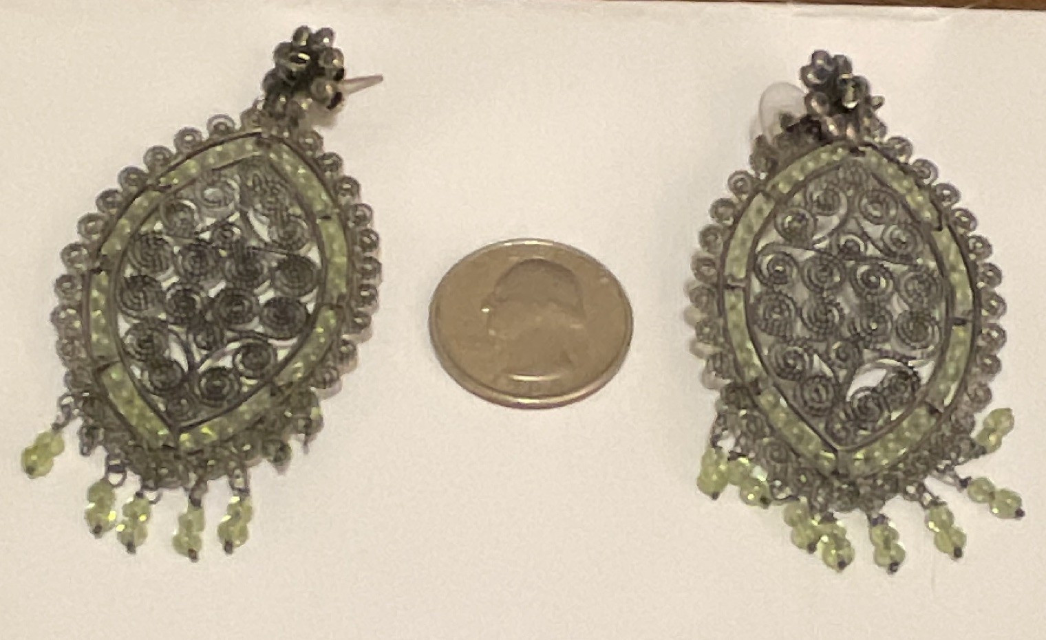 Silver Tone Oval Filigree Dangle/Drop Earrings Green Round Glass Beads