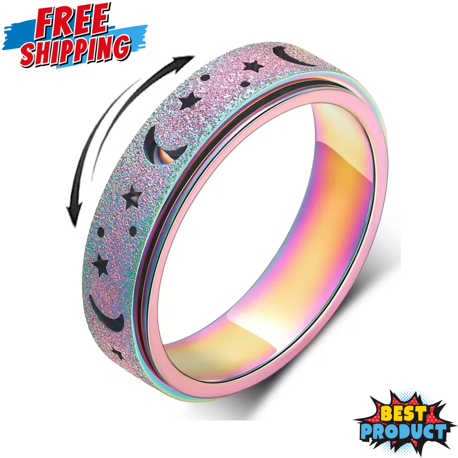 Unisex Spinner Ring Stainless Steel Anxiety Relief Rainbow Black Gold 5-11 Size