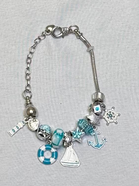 Ocean Nautical Charm Bracelet Blue Silver Tone Anchor Sailboat Lighthouse Beach