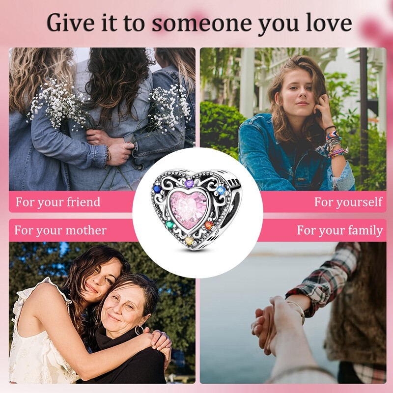 MULA 925 Sterling Silver Love Retro Pattern DIY Charm Pink CZ For Women Bracelet