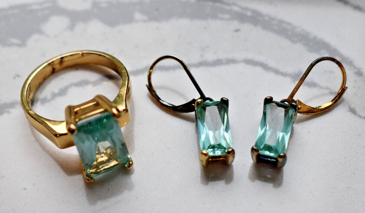 Technibond Sterling Silver 925 with Gold Vermeil Aquamarine Ring & Earring Set