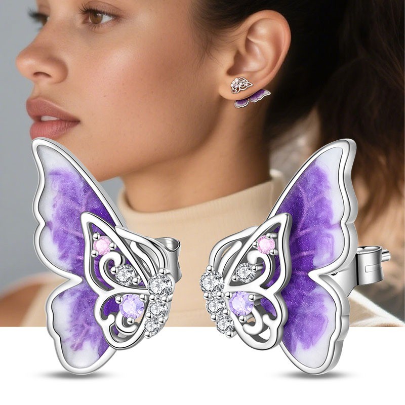 KUNSIR 925 Sterling Silver Butterfly Stud Earrings For Women Posts Jewelry Gifts