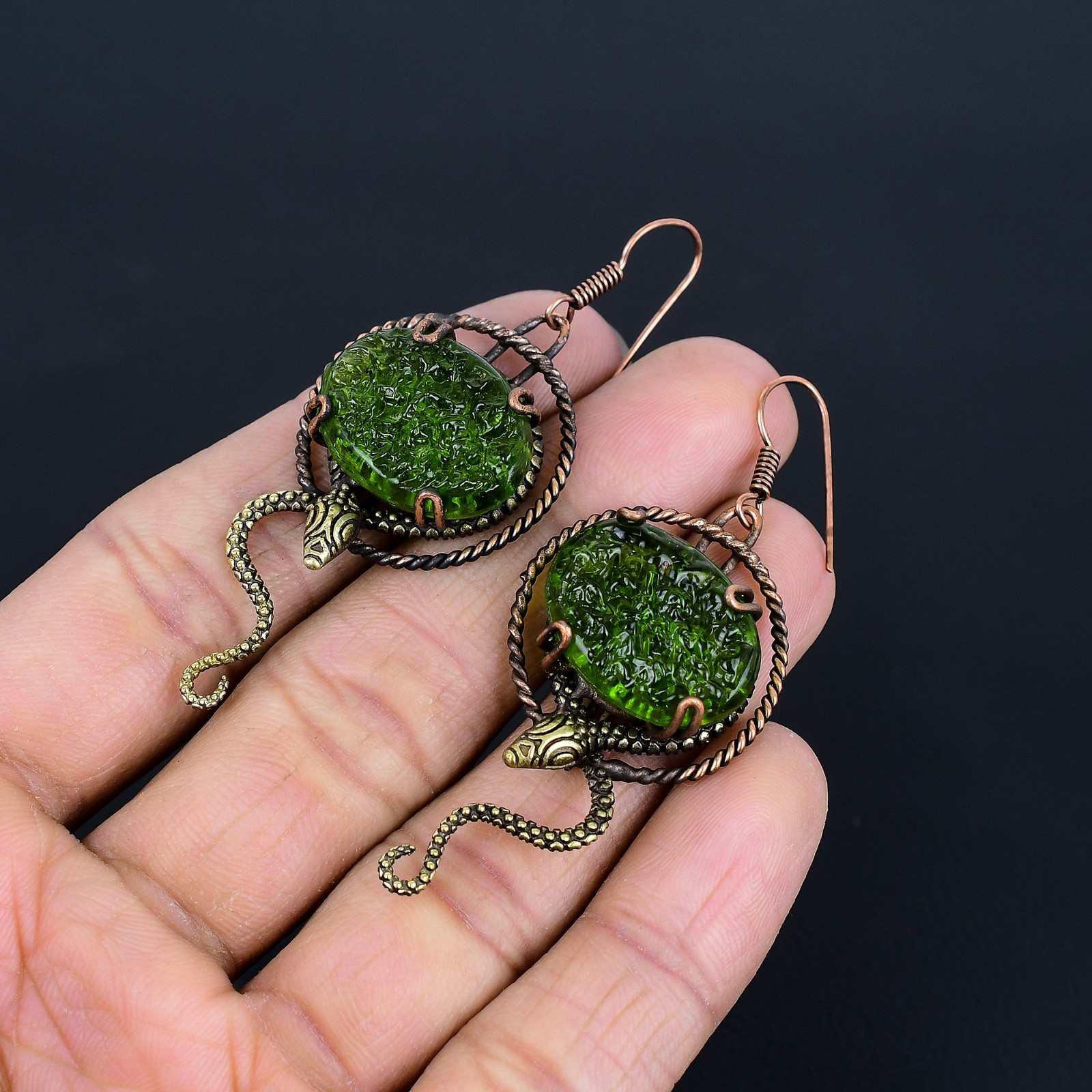 Moldavite Handmade Gemstones Copper Wire Wrap Earrings Jewelry Gift For Sister