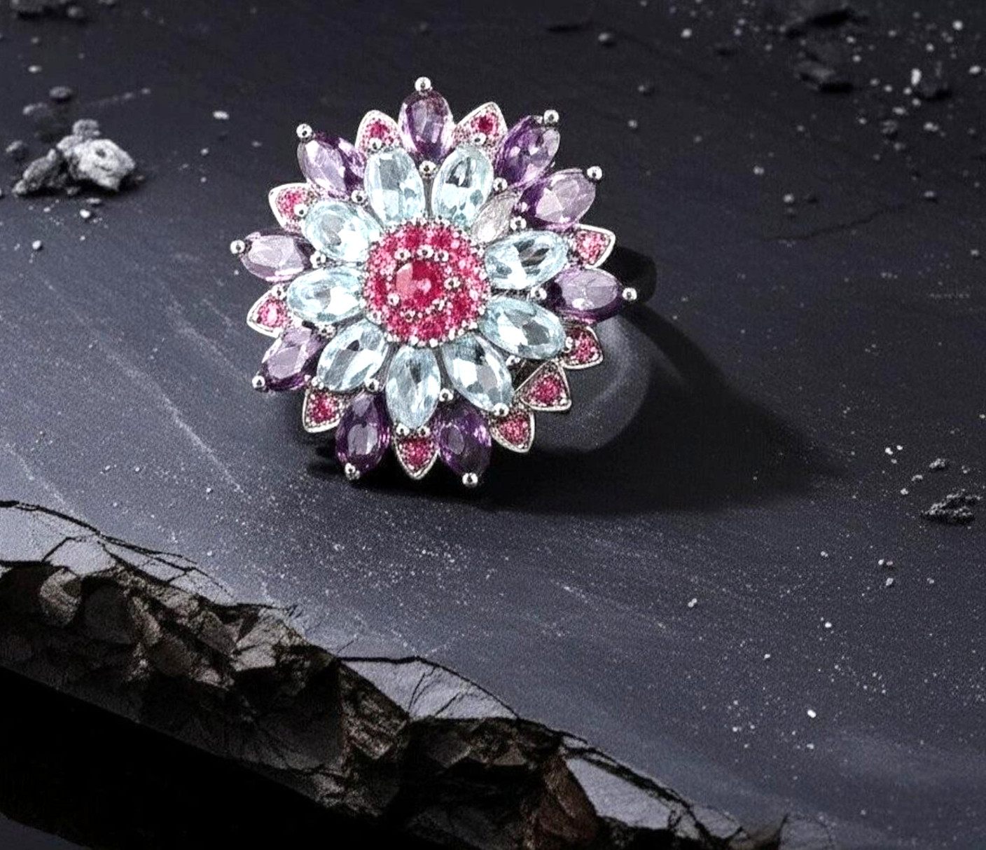 925 Sterling Silver Ruby &Amethyst Aquamarine Gemstone Ring Gift For Anniversary