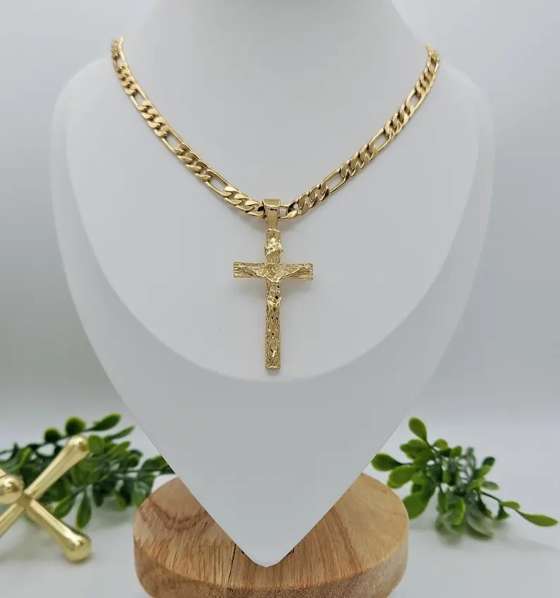 Gold Crucifix Necklace for Men, 6mm Round Figaro Chain, 14K Heavy Plated Gold