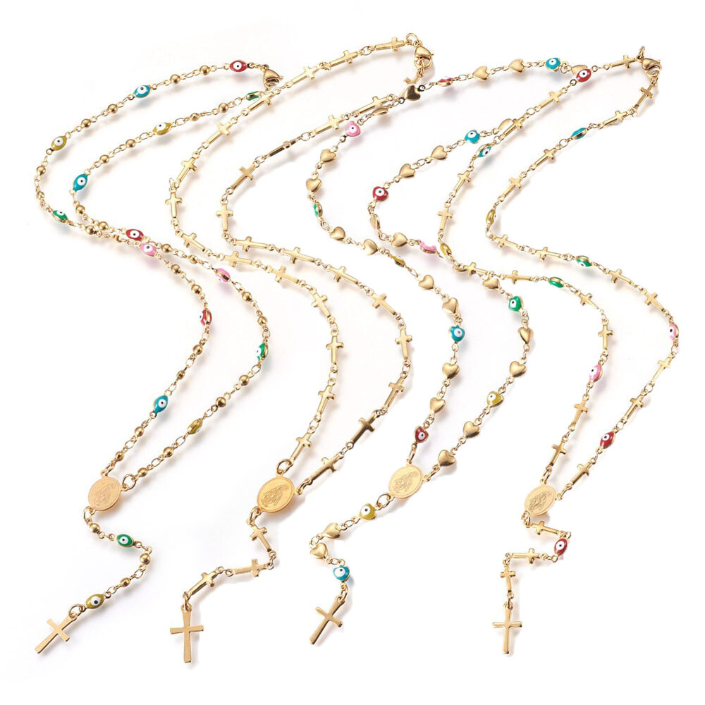 Stainless Steel Rosary Bead Necklace Enamel Evil Eye Virgin Mary Cross 18″ P31