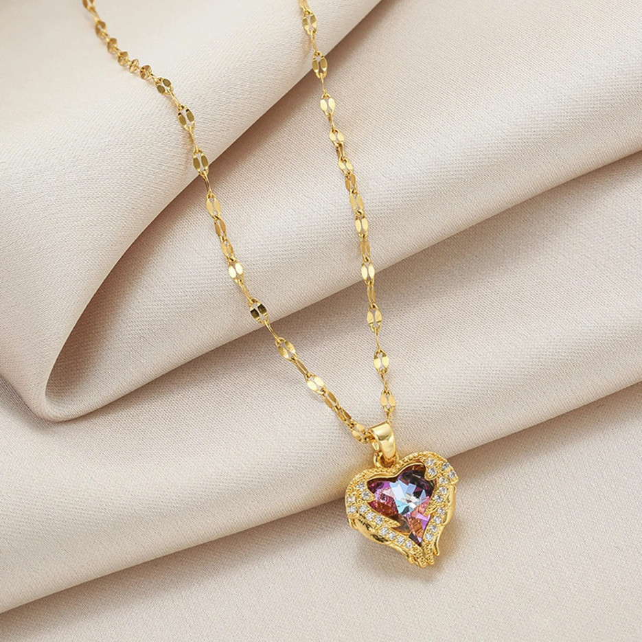 1pc Colorful Crystal Ocean Heart Necklace Women Stainless Steel Chain – NEW
