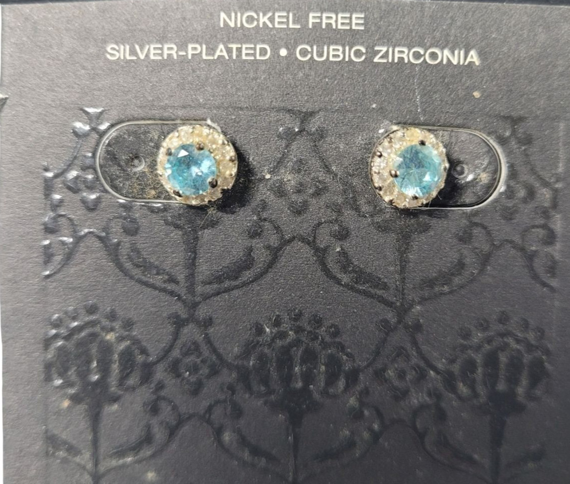 New 1990’s Silver Plated Blue,Clear Cubic Zirconia Push Back Dainty Earrings