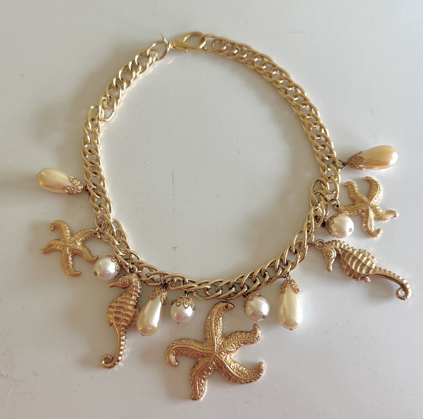 Lovely Beach Sea Life Necklace With Starfish, Sea Horses and Faux Pearls, 16”